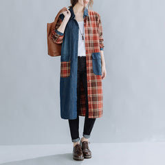 Literary Denim Plaid Stitching Mid-Length Shirt