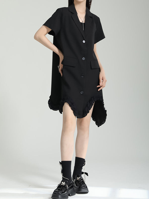 Irregular Clipping Short Sleeves Pure Color Notched Collar Mini Dresses