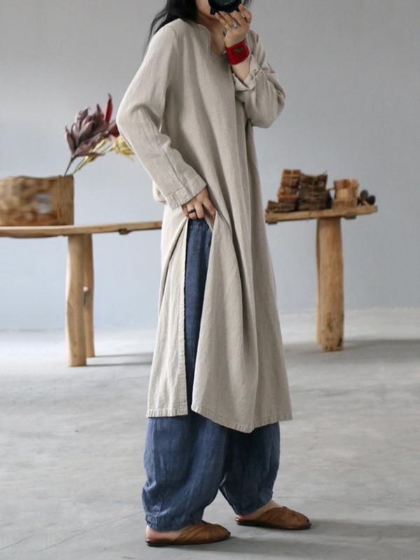 Vintage Solid V-Neck Split-Side Button Dress