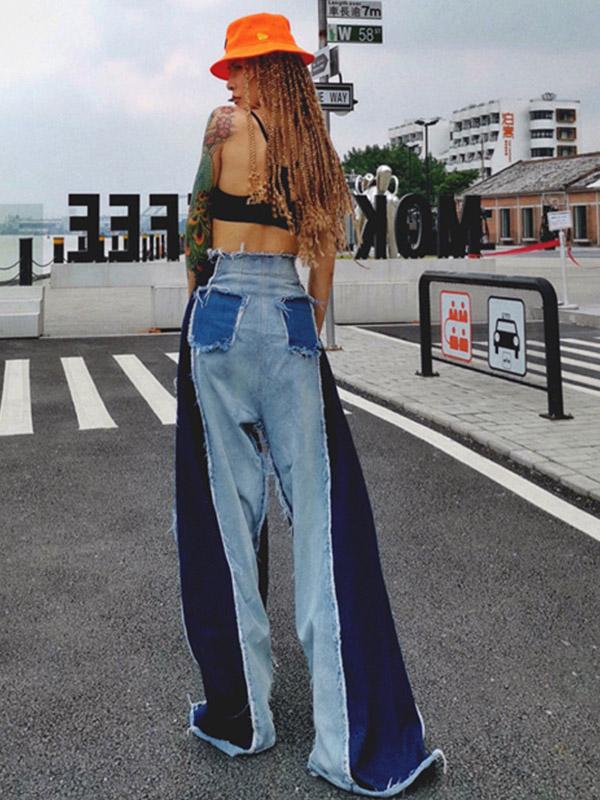 Stylish Empire Fringed Stitching Wide-Leg Jean Pants