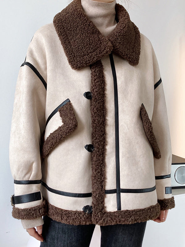 Women Lapel Color Block Casual Coat