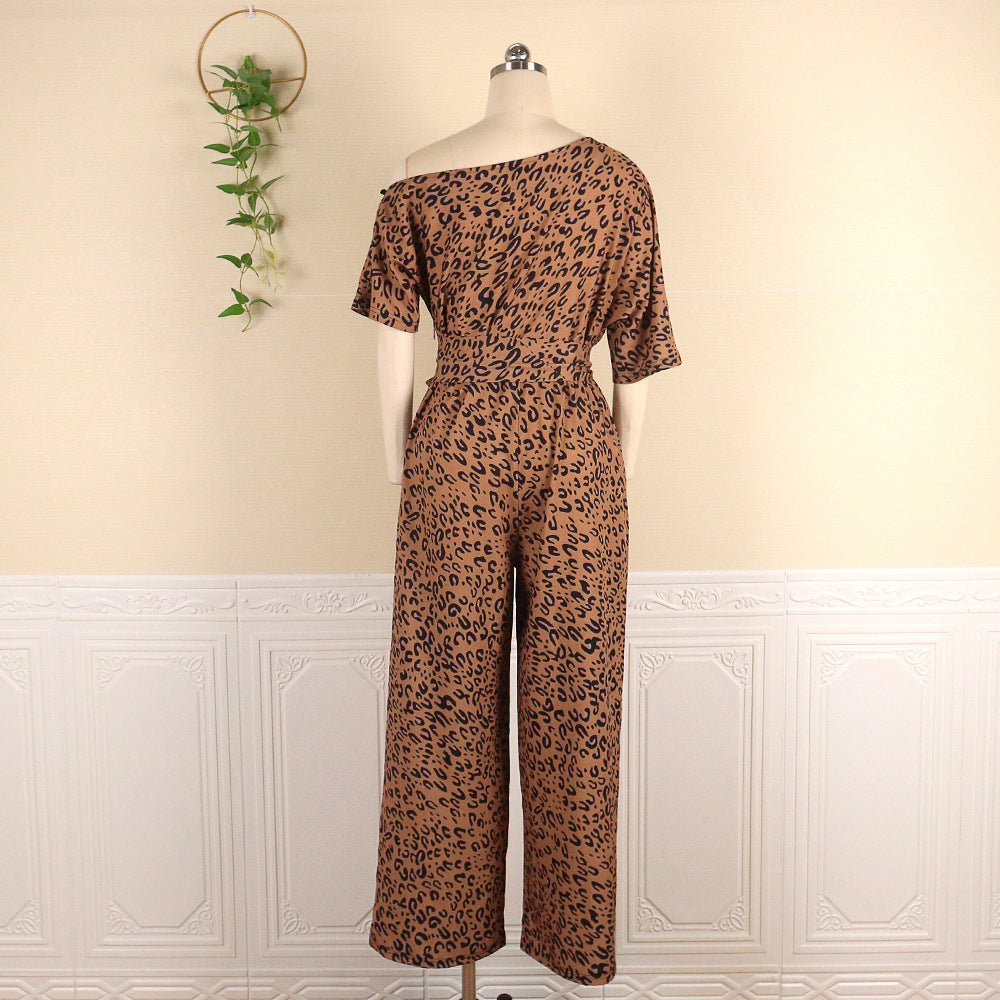 Sexy Off Shoulder Short Sleeve Loose Leopard Print Jumpsuit