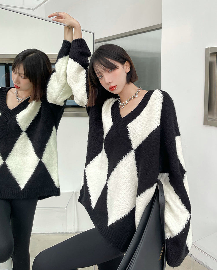 Diamond V-Neck Knitted Long Sleeve Loose Casual Sweater