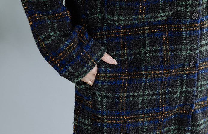 Large Size Loose Mid-Length Plaid Thick Woolen Coat