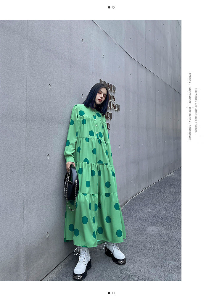 Women Round Neck Polka Dot Retro Dress