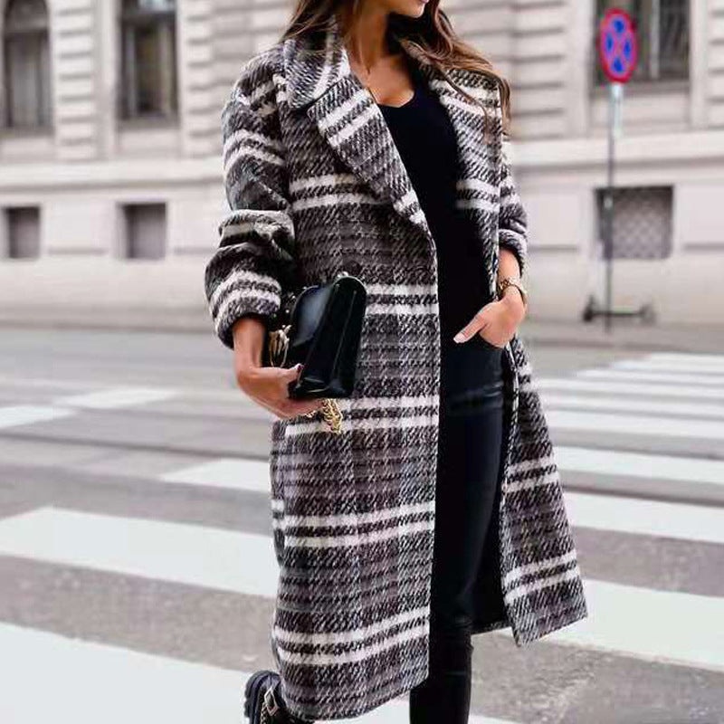 Classic Plaid Lapel Collar Midi Outerwear