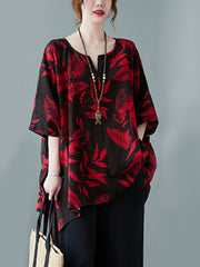 Retro Printed Loose Mid-Length Shirt Top