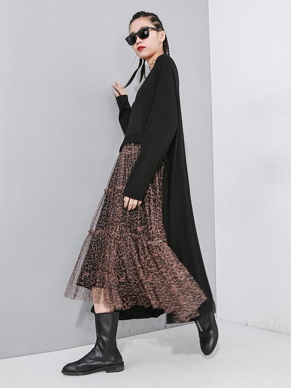Leopard Splicing Round Collar False Two Midi Dress