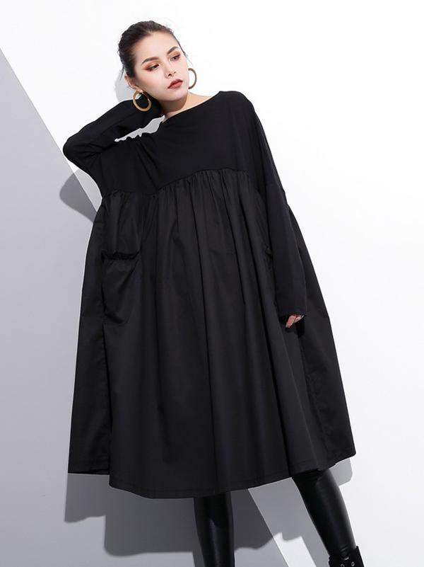 Loose Black Split-joint Long Sleeves Dress