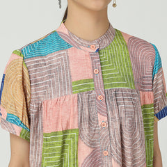 Round Neck Print Stitching Short Sleeve Pullover Dress