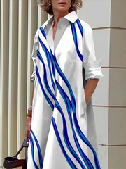 Loose Three-Quarter Sleeves Buttoned Striped Lapel Collar Midi Dresses