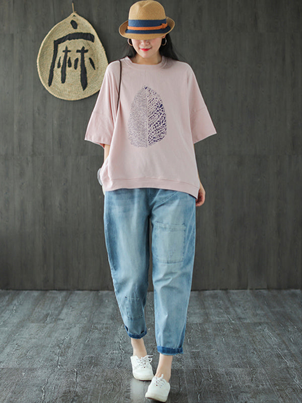 Leaf Printed Summer Half Sleeve Cotton T-Shirt