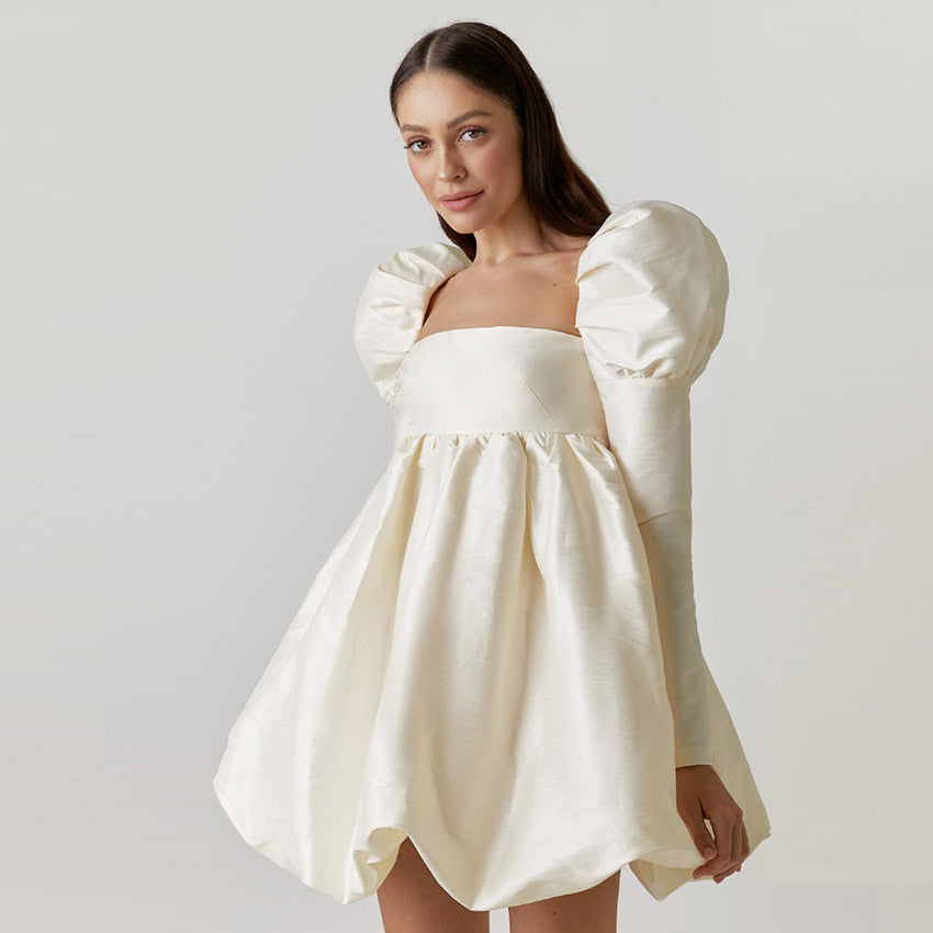 Puff Sleeve Imitation Silk Mini Dress