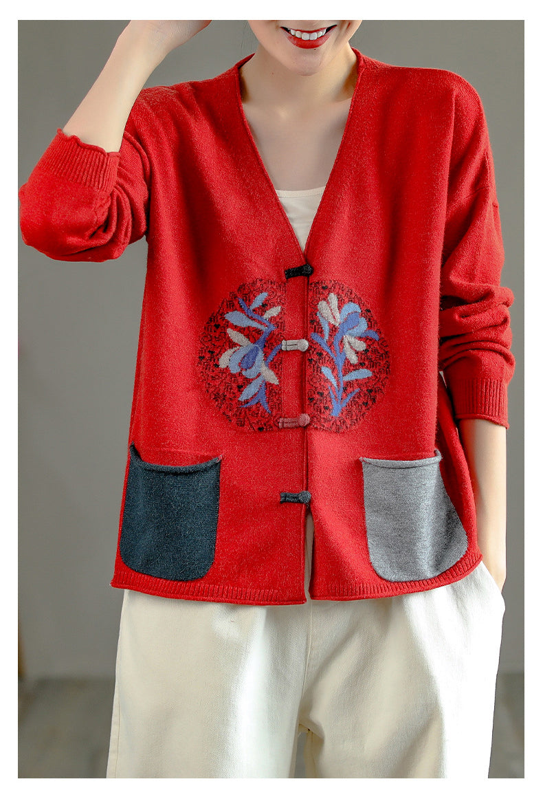 Vintage Printed Plate Button Sweater Coat