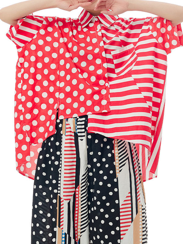 Irregular Clipping Roomy Polka-Dot Split-Joint Striped Lapel Shirts Tops