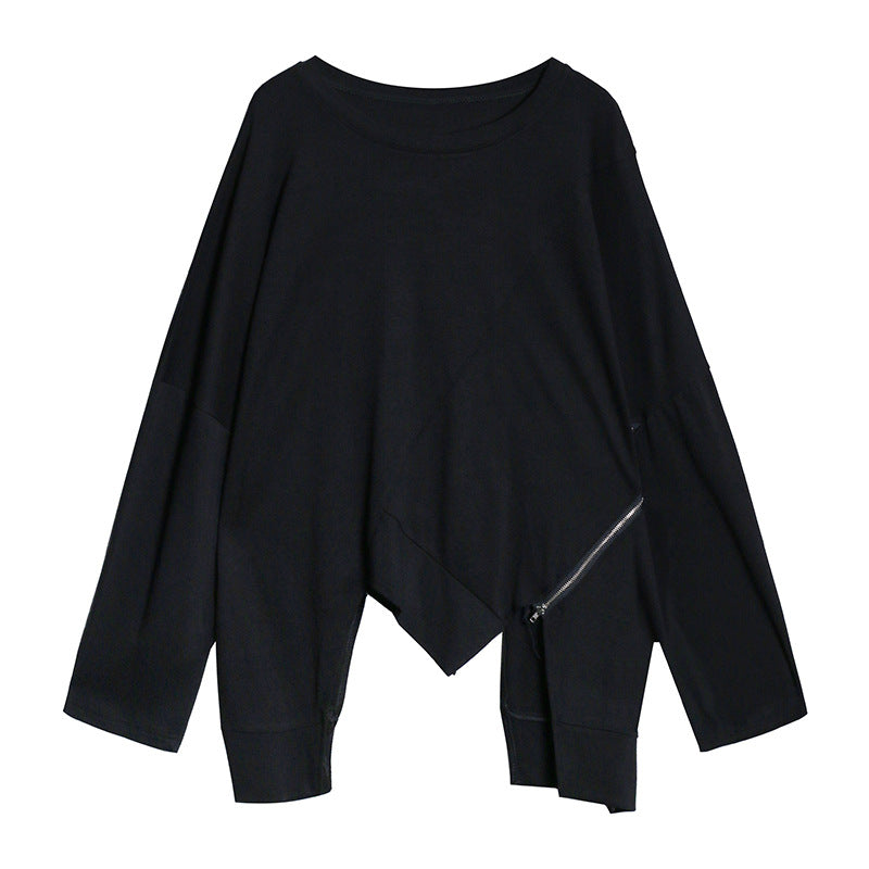 Long Sleeves Round Neck Solid Irrgular T-Shirt