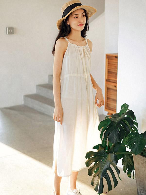 Solid Pleated Sleeveless Casual Dress