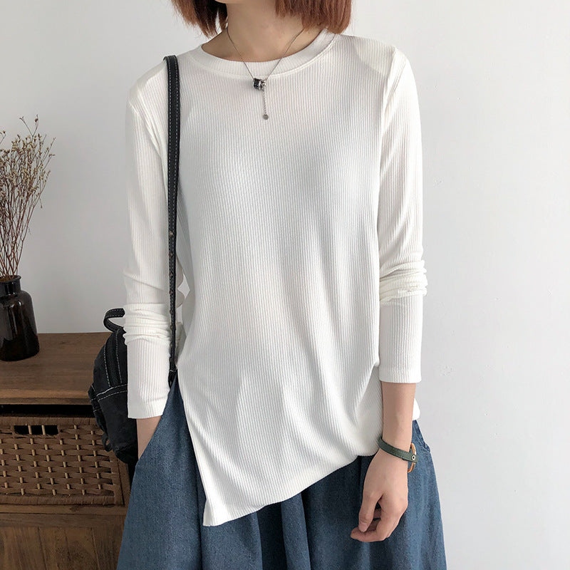 Solid Color Loose Top Slit T-Shirt