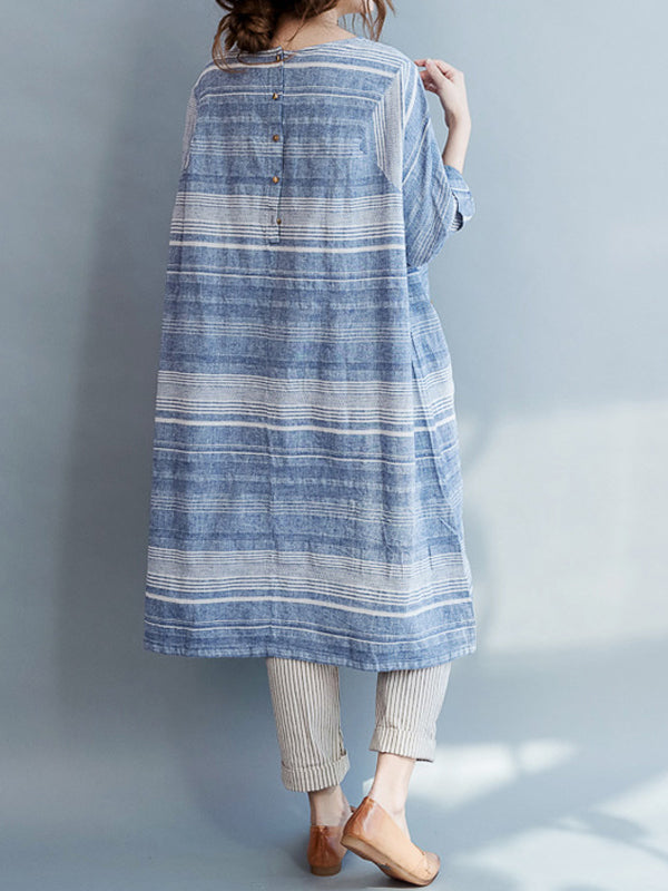 Horizontal Striped Back Button Midi Dress