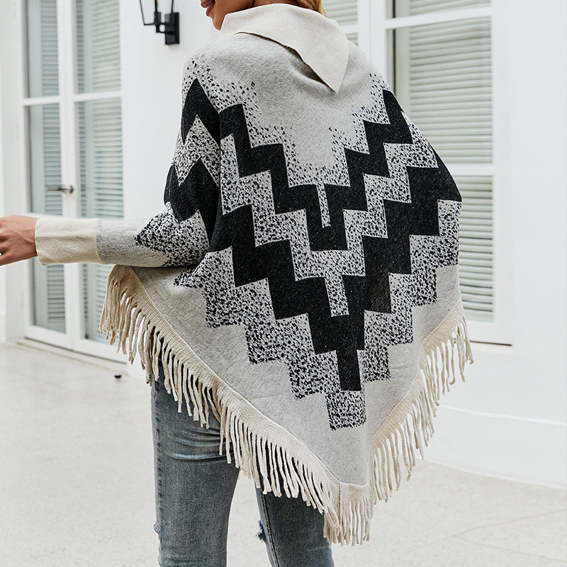 Loose Tassel Abstract Printed Knitted Shawl Sweater