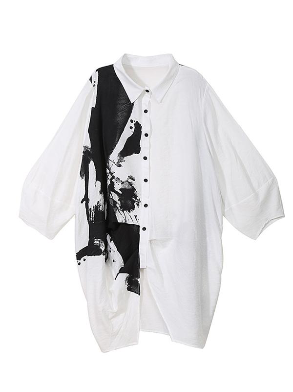 Loose Printed Lapel Mid-Length Shirt