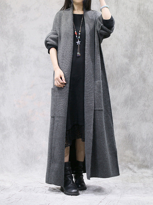 Retro Solid Color Woolen Long Outwear With Big Pocket