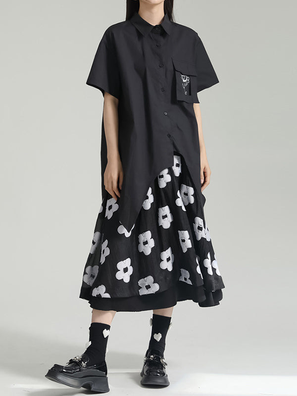 A-Line Roomy Flower-Embellished Contrast Color Split-Joint Skirts Bottoms