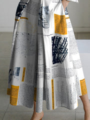 Long Sleeves Loose Newspaper Print Pleated Tied Waist Lapel Midi Dresses Shirt Dress