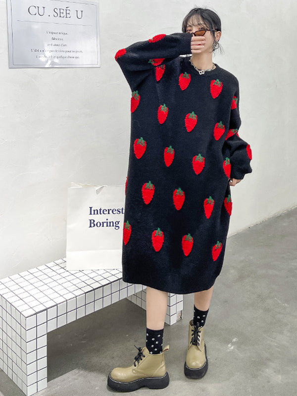 Loose Strawberry Jacquard Knit Midi Dress