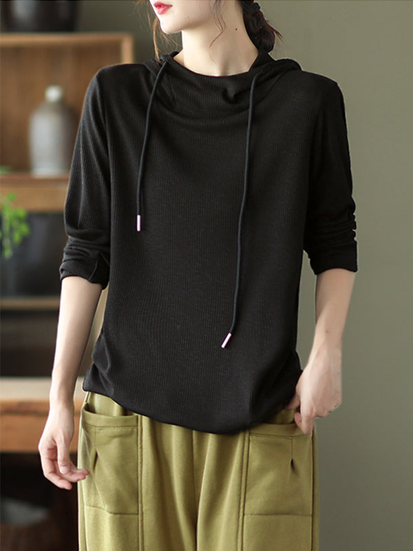 Solid Color Pit Striped Hooded Loose T-Shirt