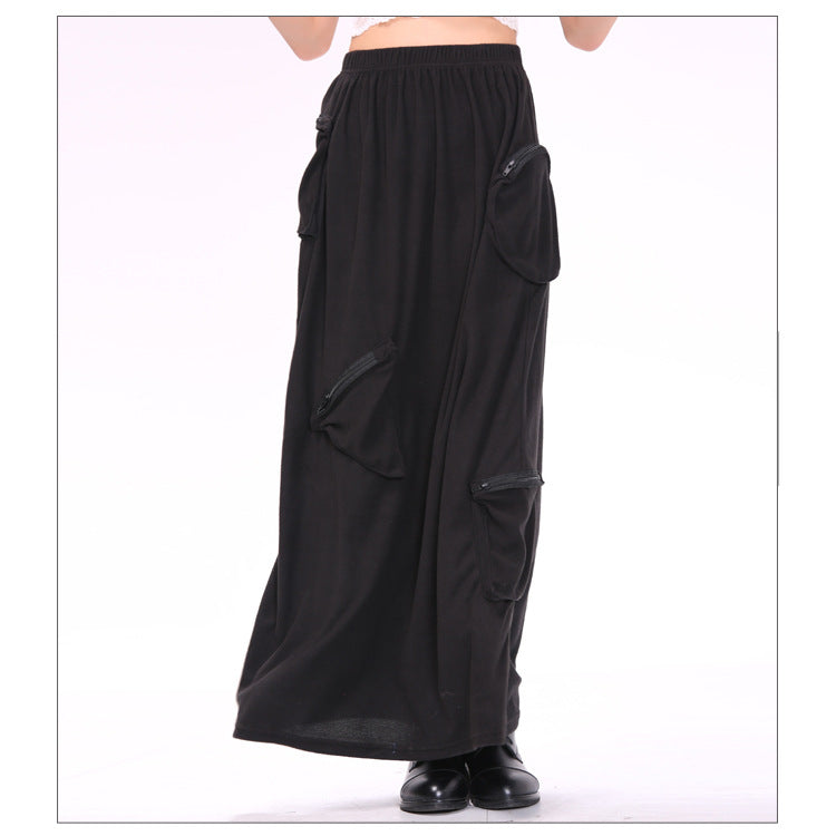 Solid Color Big Pockets Long Loose Skirt