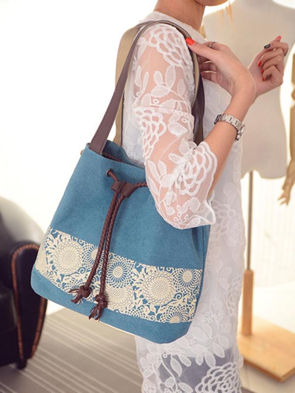 Ethnic Style Printed Canvas Drawstring Bucket Bag