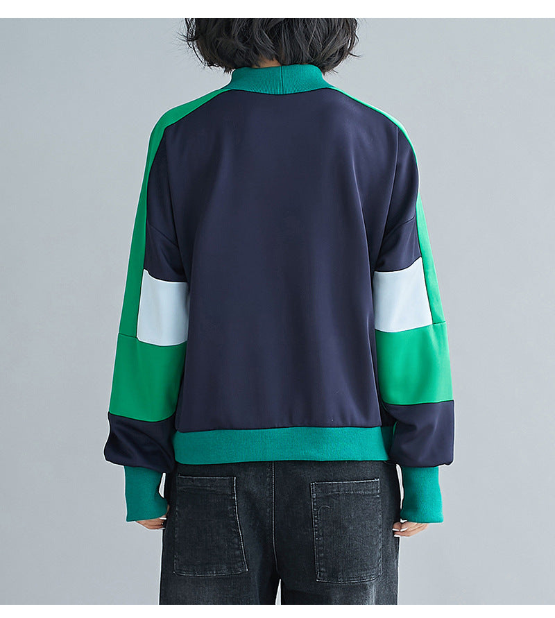 Women High Collar Contrast Stitching Pullover Long Sleeve Sweatshirt