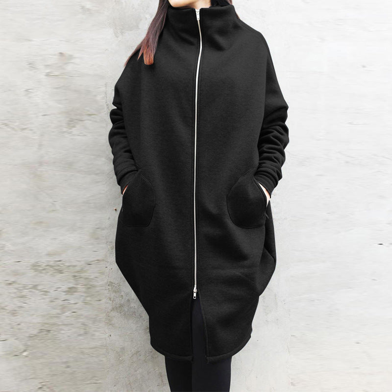 Solid Color Hooded Zipper Mid-Length Loose Outwear