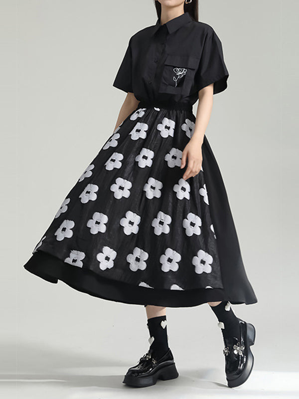 A-Line Roomy Flower-Embellished Contrast Color Split-Joint Skirts Bottoms