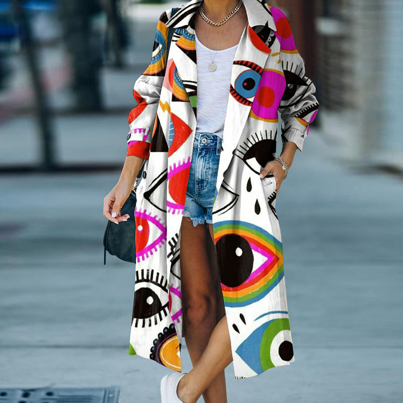 Casual Irregular Printed Lapel Midi Outerwear