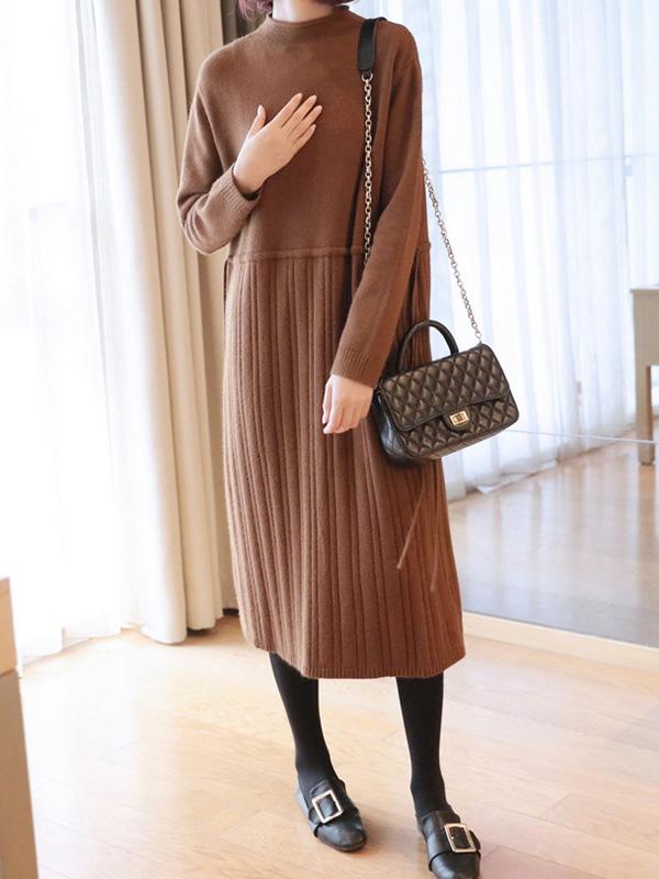 Plain Elasticity Pleated Knit Midi Dress