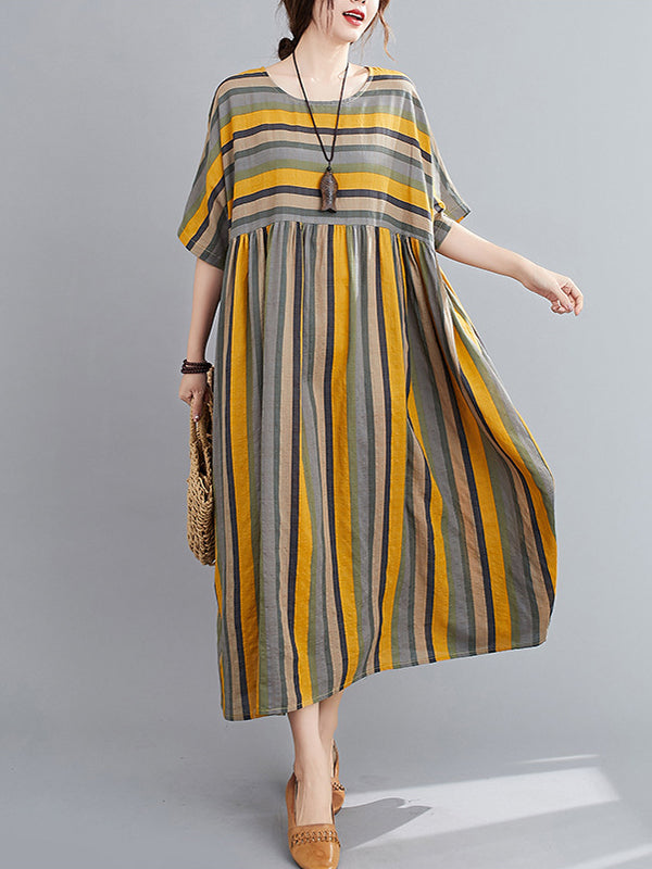 Loose Striped Short Sleeves Maxi Dress