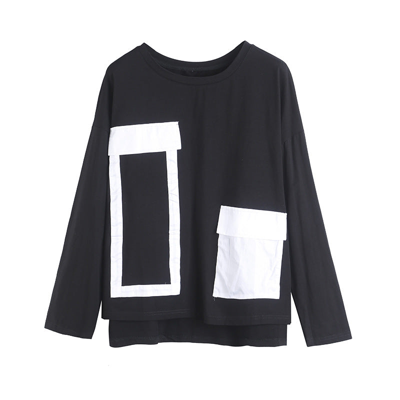 Women Color Block Pocket Bat Sleeve Blouse