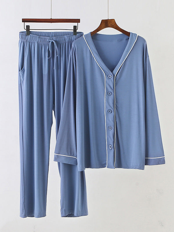 Two Pieces Solid Color Loose Comfort Tops And Pants Pajamas