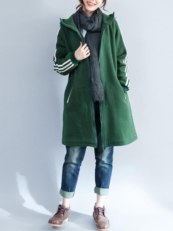 Loose Zipper Stripes Hoodie Long Coat