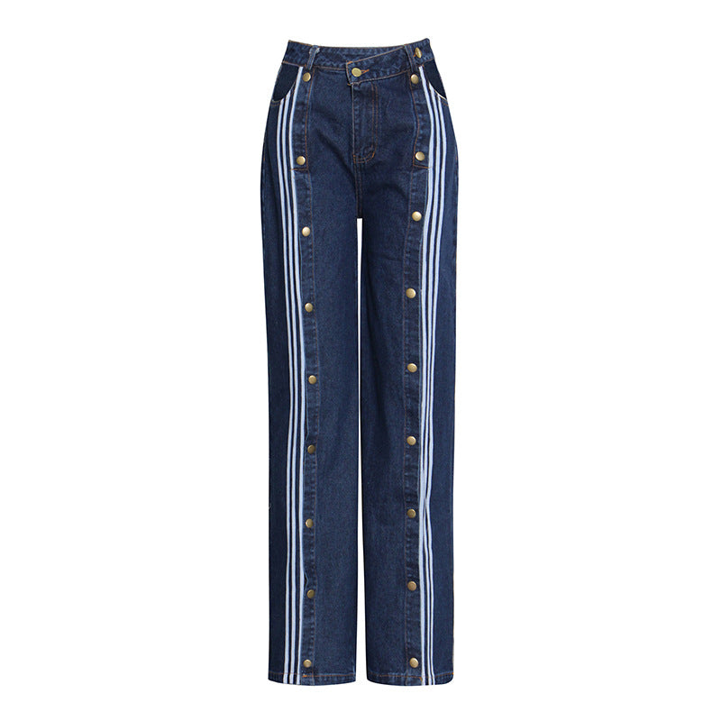 Retro Splicing Striped Buckle Jeans