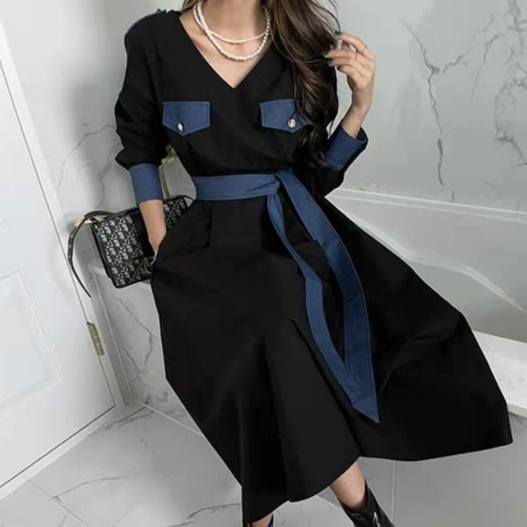 Retro Lace-Up Long-Sleeve V-Neck Midi Dress