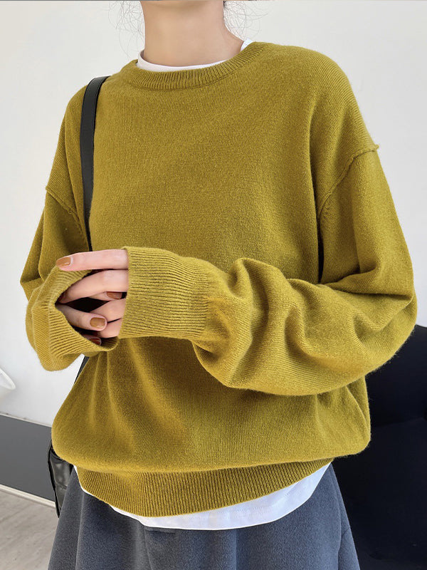 Round Neck Solid Color Pullover Wool Sweater