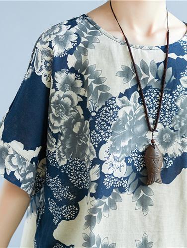 Natinal Flower Printed Linen Midi Dress