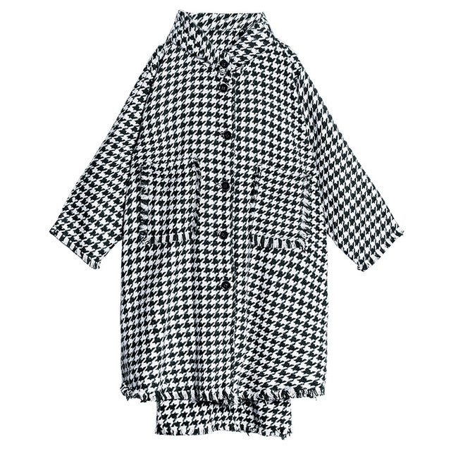 Women Lapel Plaid Print Hooded Coat