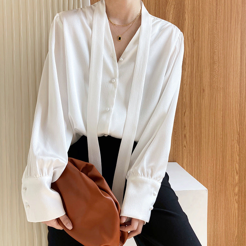V-Neck Loose Gloss Solid Color Tie Shirt