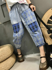 Plaid Splicing Loose Jean Cropped Harem Pants