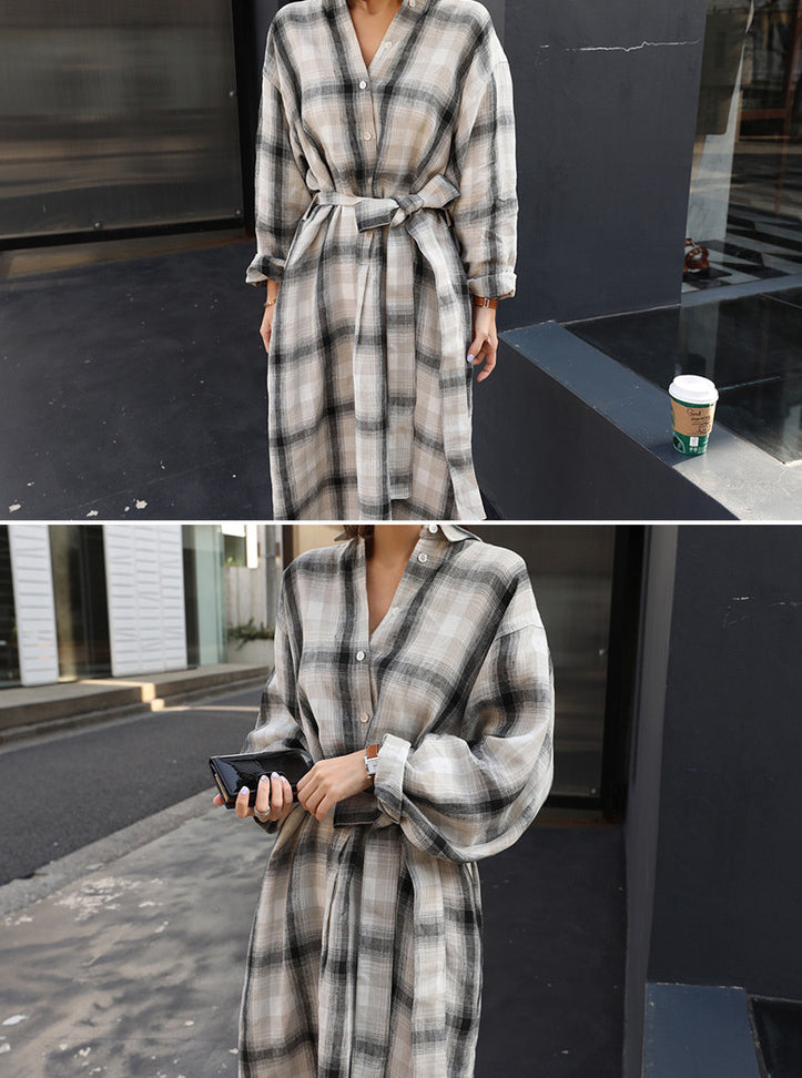 Loose Long Sleeve Lapel Tie Shirt Dress