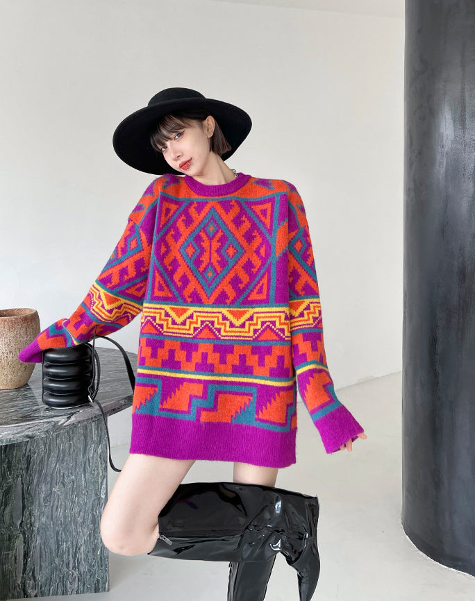 Ethnic Style Loose Geometric Jacquard Sweater